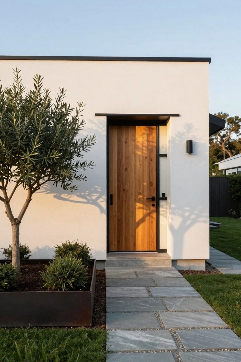 Modern house exterior with white stucco walls, a recessed vertical wooden front door in a black metal frame, black wall light, olive tree in a metal planter, boxwood shrubs, and gray stone pavers leading to the entry.