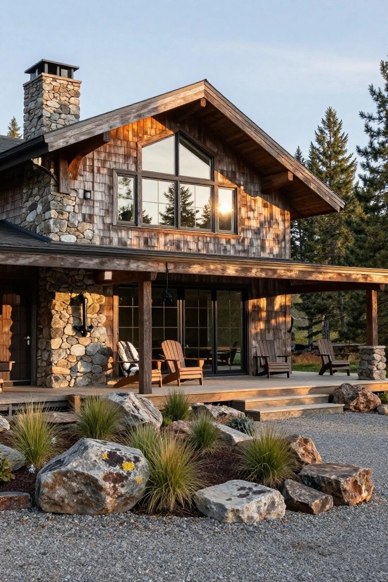 Two-story cabin-style house with cedar shingle siding, stone chimney and foundation, large windows, covered wooden porch with Adirondack chairs, surrounded by pine trees, grasses, large rocks, and gravel driveway.