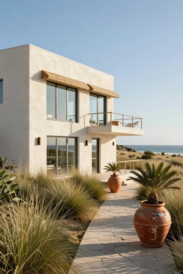 A two-story modern white stucco house with large glass windows, a wooden-shaded balcony, and entry doors, flanked by dune grasses, palm plants, and large terracotta pots on a stone path, overlooking the ocean.