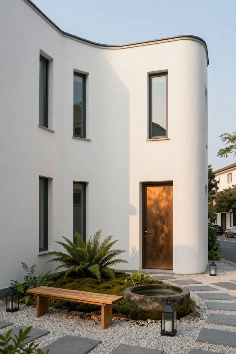 White curved modern house exterior with narrow dark-framed windows, bronze wooden double front door, wooden bench, ferns, mossy plants, stone water basin, black lanterns, pebble ground, and gray stone pavers in the entry garden.