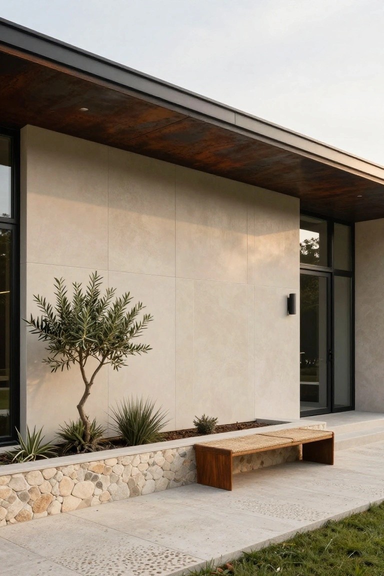 Modern house exterior featuring large beige stone tile siding, corten steel overhang, glass entry door, potted olive tree and agave plants, wood and rattan bench on stone retaining wall, and textured stone pavers leading to grass.