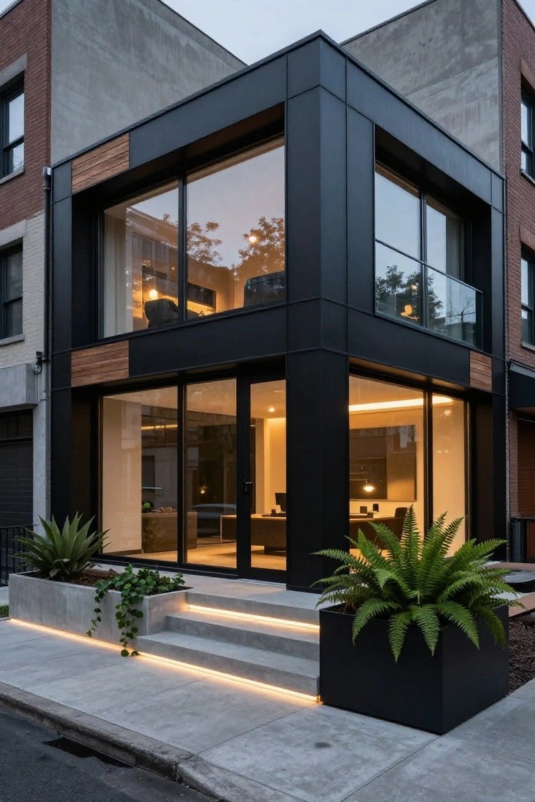 Corner view of a two-story modern house featuring black vertical cladding, wood panel inserts, large glass windows and doors, concrete steps with lighting, and potted plants in concrete and black containers at the entrance.