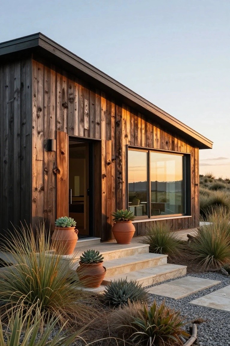 Modern single-story house exterior featuring dark vertical wood siding, a sloped black roof, large sliding glass window, open wooden door, stone entry steps flanked by terracotta pots with succulents, and native grasses in a gravel landscape at sunset.