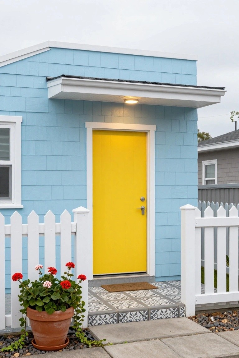 Light blue shake shingle siding on a small house with a bright yellow front door, white picket fence, potted red geraniums, tiled entry steps, and a white porch overhang.