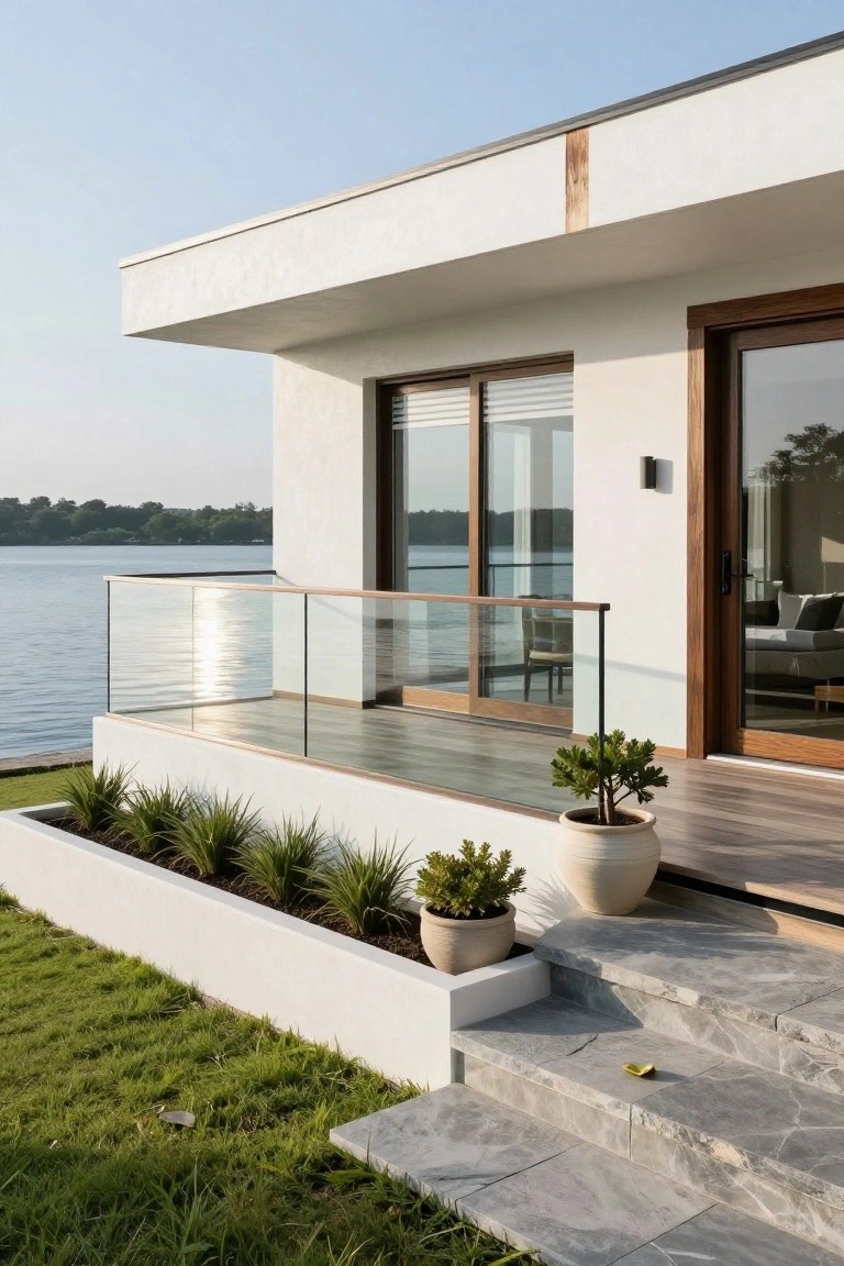 Modern house corner with white stucco walls, brown wood-framed sliding glass doors, glass balcony railing over a lake, deck with potted plants, and gray stone steps to green lawn.