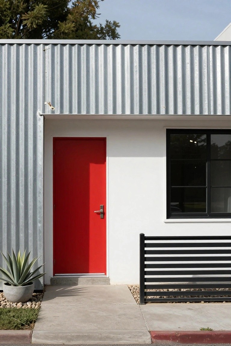 Modern house exterior with vertical corrugated silver metal siding on the left wall, red front door centered in white stucco section, black-framed window to the right, black metal bench railing, potted agave plant, gravel ground cover, and concrete walkway.