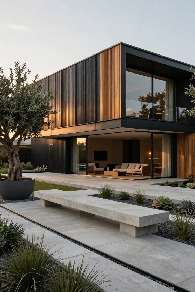 Modern house exterior featuring black vertical corrugated metal siding with narrow vertical wood slat accents, large glass windows and doors, a cantilevered upper level, concrete bench and path, and drought-tolerant landscaping with olive trees and agave plants.