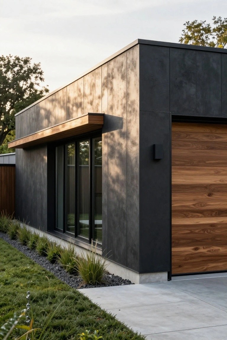 Corner view of a modern single-story house with dark vertical textured siding, wooden garage door, large sliding glass windows under a wood overhang, and adjacent landscaped yard with grasses, gravel edging, and concrete driveway.