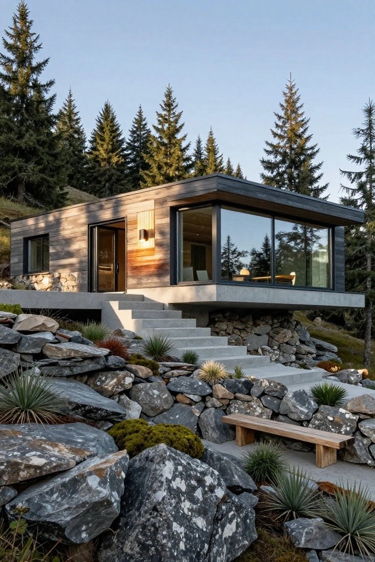 Cantilevered modern house with dark vertical wood siding, concrete platform and steps, large glass windows, stone retaining walls, rocks, grasses, and pine trees on a hillside.