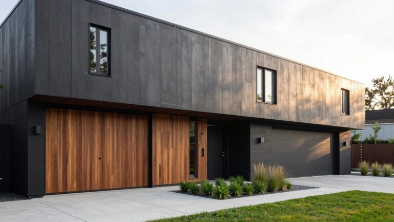 16 Modern House Exterior Siding Options for Modern Homes Corner view of a modern single-story house with dark vertical textured siding, wooden garage door, large sliding glass windows under a wood overhang, and adjacent landscaped yard with grasses, gravel edging, and concrete driveway.
