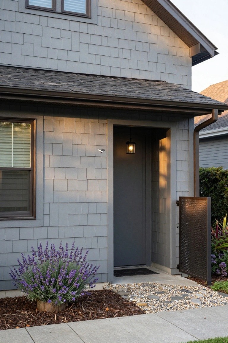 Gray shake siding on a modern house exterior with a dark front door, lantern light, side window, lavender plant in a wooden planter, and pebble entry path.