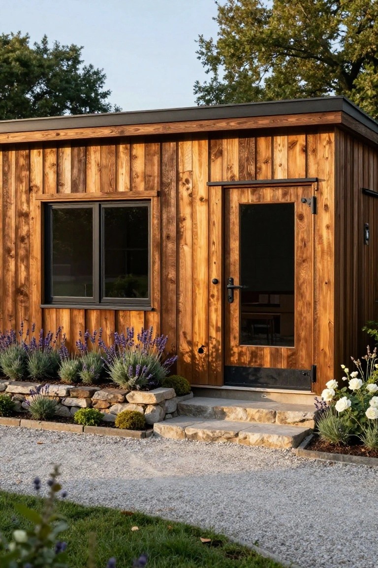A small rectangular wooden outbuilding with horizontal warm-brown plank siding, black-framed double window and glass door, stone entry steps, lavender plants, and gravel path in a garden setting.