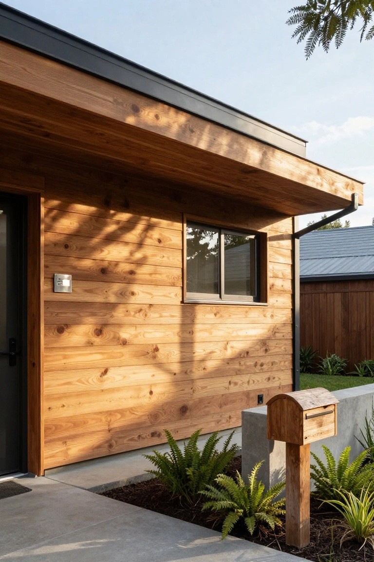 Side view of a modern house featuring horizontal warm-toned wood plank siding, a black entry door, a small horizontal window, a wooden mailbox on a concrete pedestal, ferns, and agave plants nearby, with a dark metal roof edge and downspout visible.