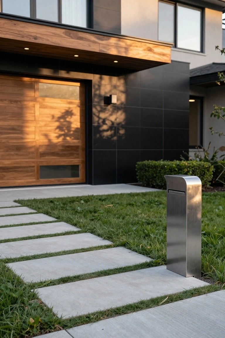 Modern house exterior with wooden garage door, matte black siding panels, concrete paver pathway through grass lawn, stainless steel mailbox, and boxwood shrubs.