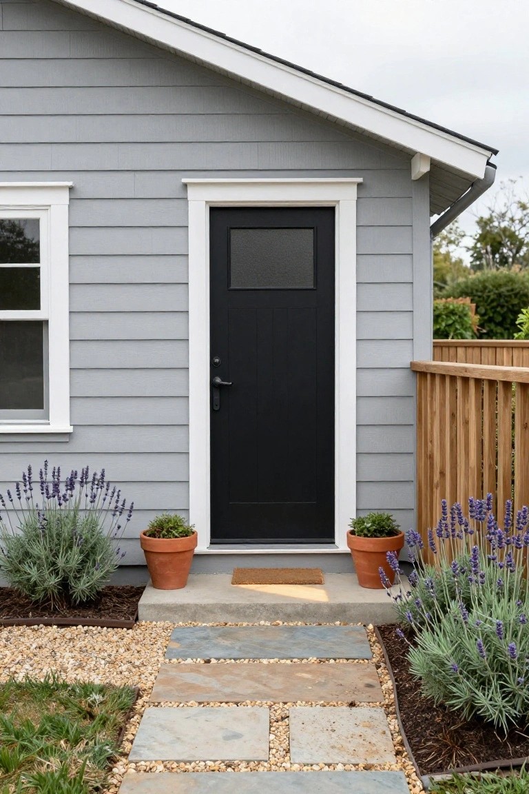 Light gray horizontal lap siding on a house exterior with white trim, black front door, small side window, potted lavender plants, and stone paver path to concrete stoop.