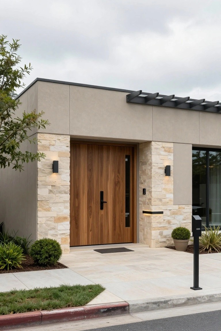 Modern house exterior with beige stucco siding, light stone veneer cladding on entry pillars framing a double walnut wood door, black wall sconces, and low landscaping along a concrete walkway.