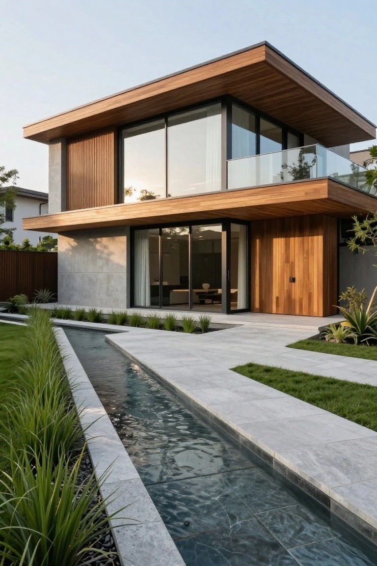 Modern two-story house exterior with gray concrete walls, vertical wooden slats on one side, large glass windows and doors, wooden front door and overhang, glass balcony railing, and front pathway with water channel edged by grasses and plants.