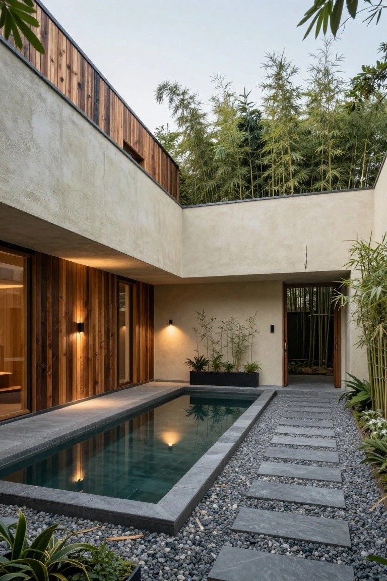 Modern house exterior with beige stucco walls accented by vertical dark wood siding panels, a small black-tiled lap pool, stepping stone path, potted plants, and tall bamboo screening nearby.