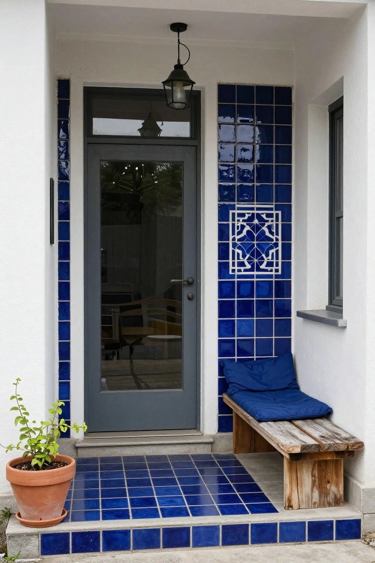 Front entrance of a white house with blue tiles on walls beside the gray glass door, blue tiled porch steps, wooden bench with blue cushion, potted plant, and hanging lantern light.