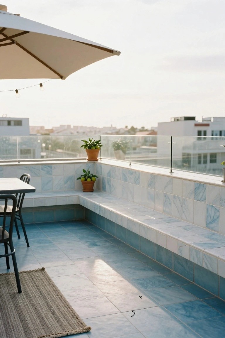 Balcony terrace with blue marbled tile floor and bench, black metal chairs around a white table, potted plants, white umbrella, string lights, and glass railing overlooking white urban buildings in late afternoon light.