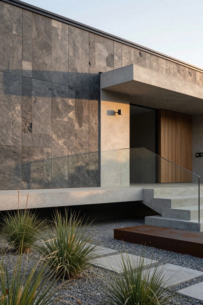 Modern house exterior with dark gray textured stone tile cladding on walls, concrete cantilevered entrance canopy, wooden door, glass-railed concrete steps, and gravel ground cover with ornamental grasses.