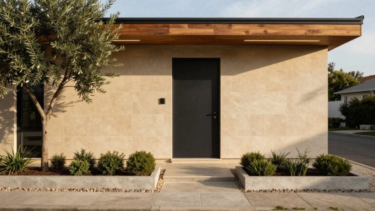 Modern house exterior featuring beige travertine tiled walls, black entry door under a wooden overhang, two boxwood shrubs in gray pots, and a pathway of pebbles and mixed tiles leading to the entrance.
