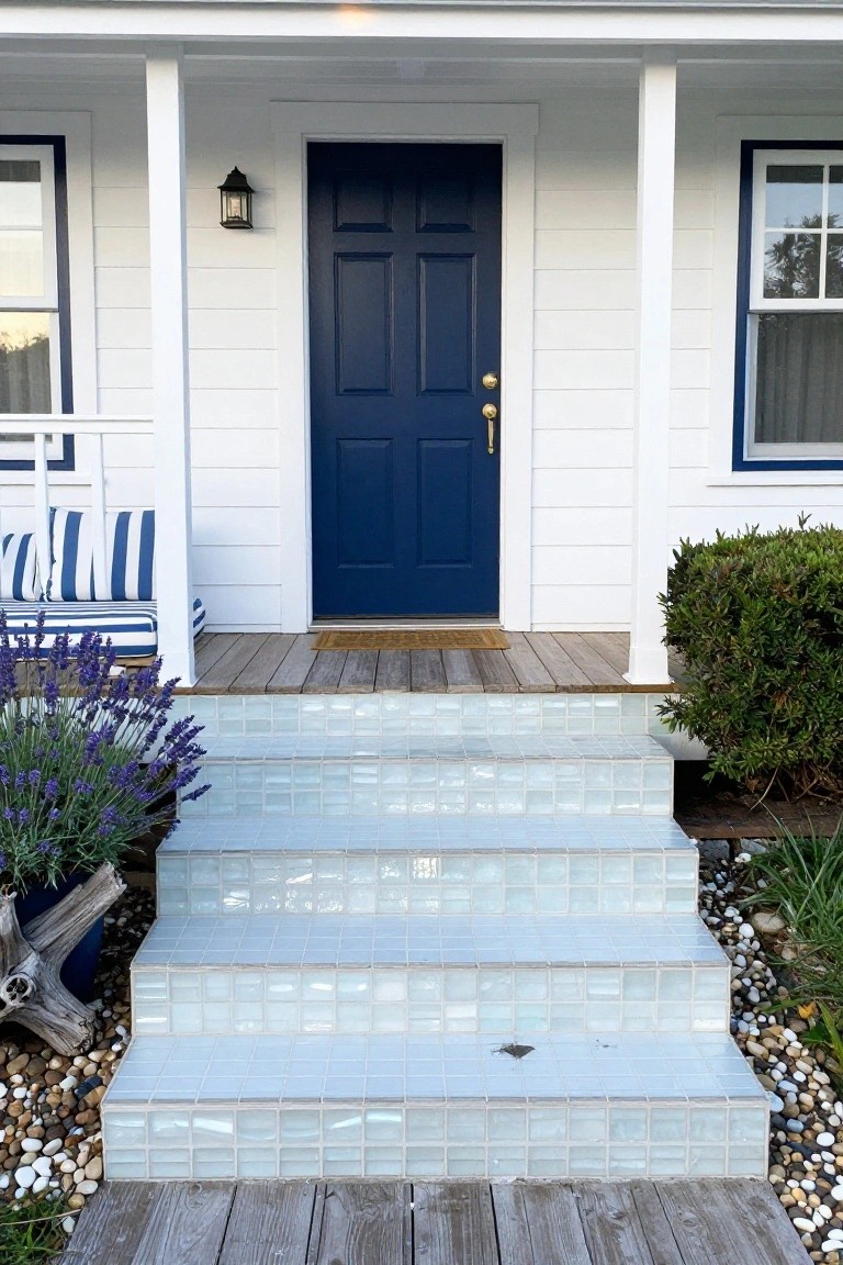White clapboard house exterior with navy blue front door, wooden porch supported by columns, frosted glass block tile steps, lavender plants in pots, and pebble ground cover.