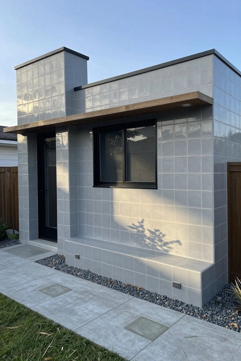 Small modern building with light gray glossy square tiles on walls and base, black-framed sliding glass door and window, wooden cantilevered awning above entry, concrete path with pebble borders, and adjacent grass lawn.