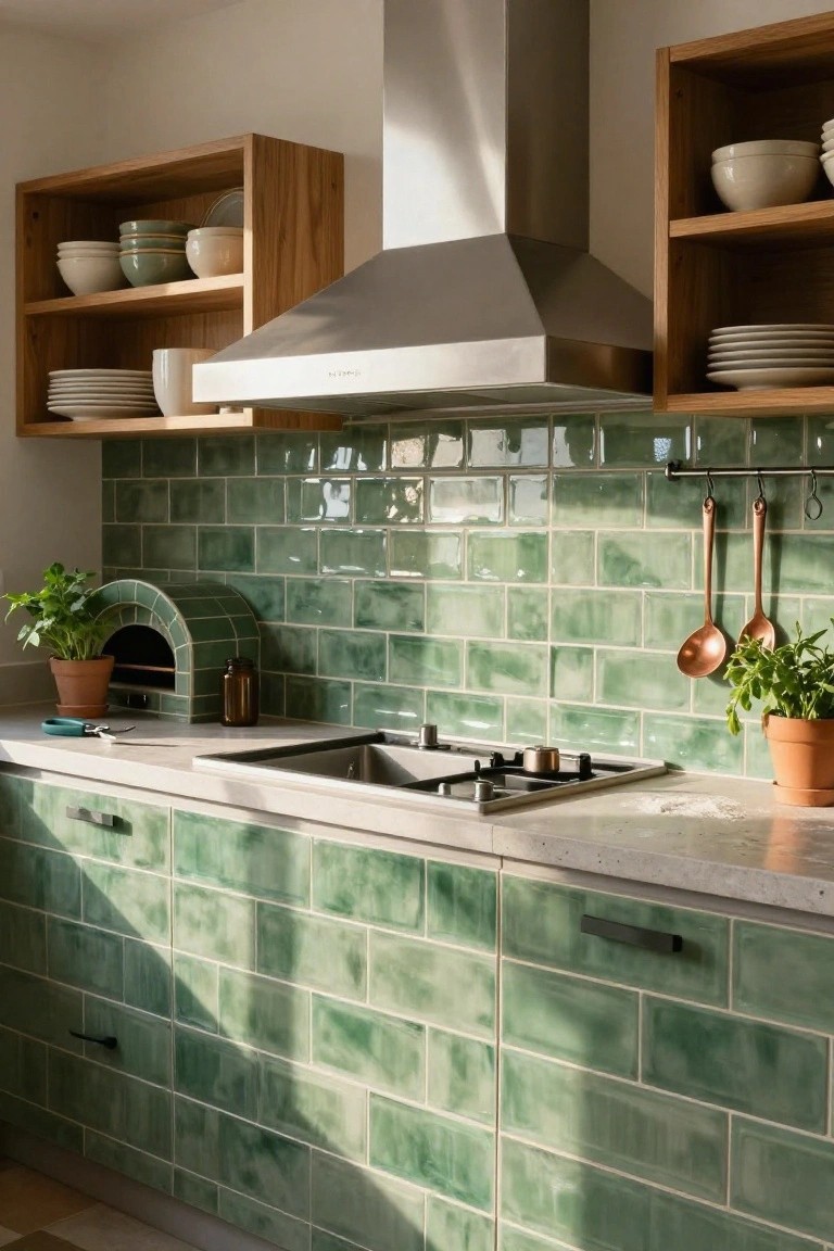 Kitchen interior with glossy green subway-style ceramic tiles on backsplash and cabinets, wooden open shelves stocked with bowls and plates, stainless steel range hood, gas cooktop, sink, and hanging copper utensils with potted herbs.