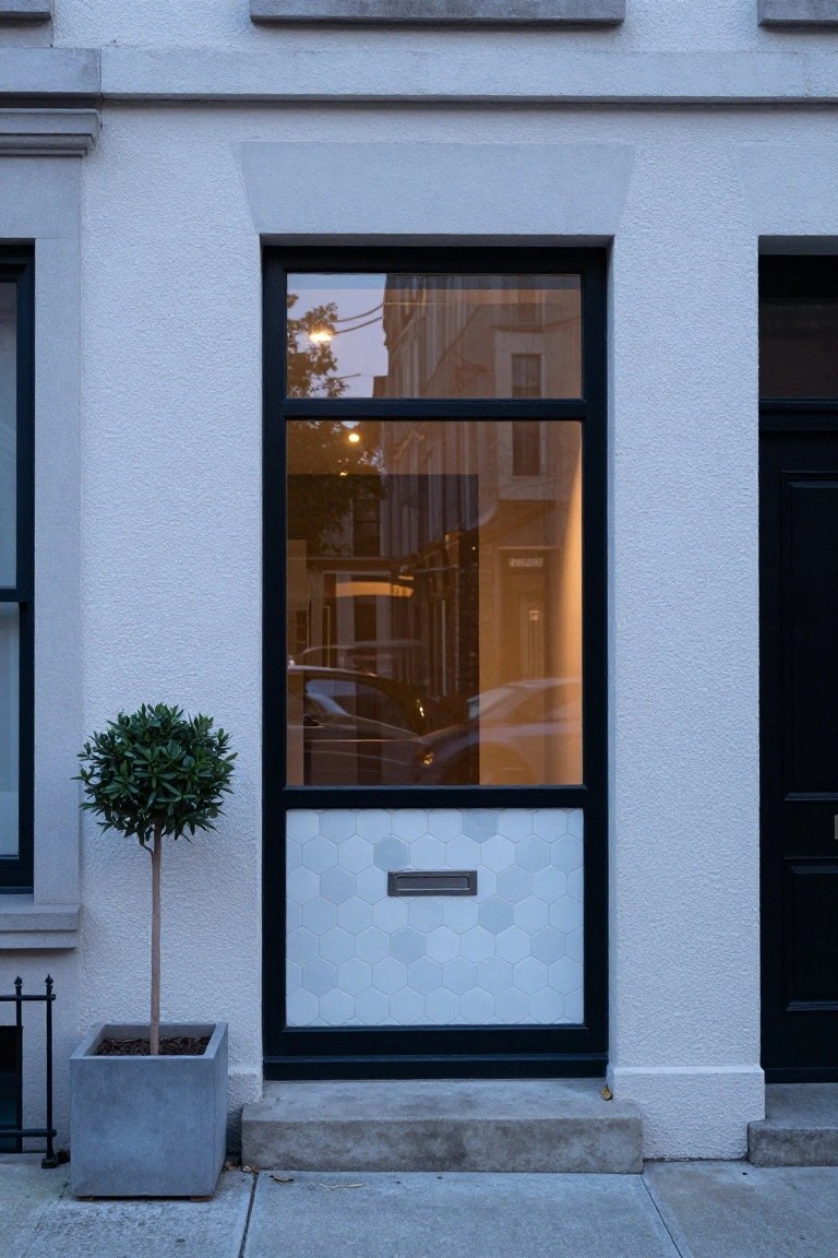 Close view of a modern house facade with a black-framed glass entry door featuring white hexagonal tiles on the lower panel, a letter slot, potted boxwood plant in gray concrete pot, and concrete steps on a sidewalk.