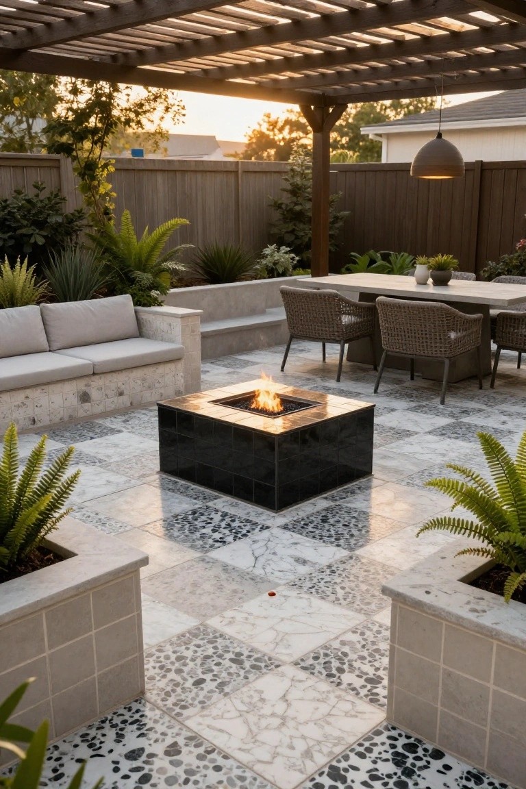 Outdoor patio under a wooden pergola featuring light-colored pebble-patterned tiles surrounding a central black square fire pit, with built-in seating, a dining table with woven chairs, potted plants, and fencing in the background at sunset.
