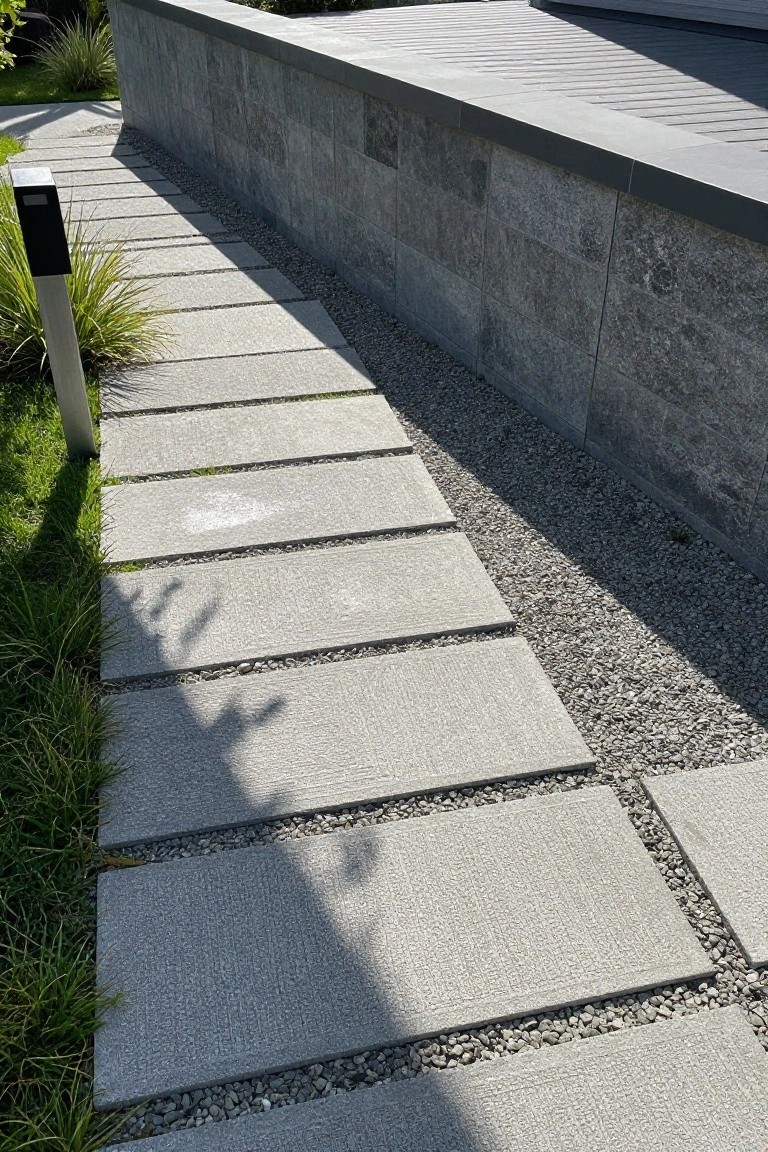 Outdoor pathway of large rectangular gray concrete slabs with narrow gravel joints running alongside a textured gray stone retaining wall, bordered by grass, ornamental grasses, and small pebbles.