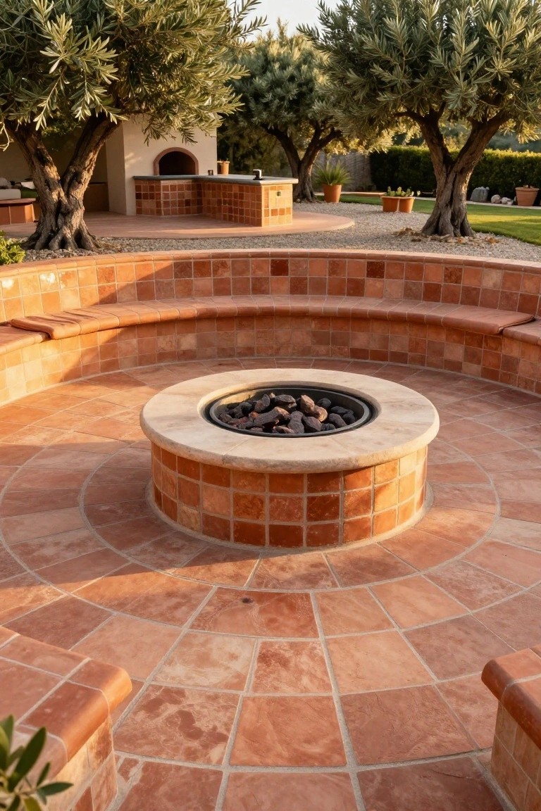 Circular stone fire pit with flames surrounded by curved terracotta-tiled benches on a matching tiled patio, olive trees and a brick barbecue structure in the background.