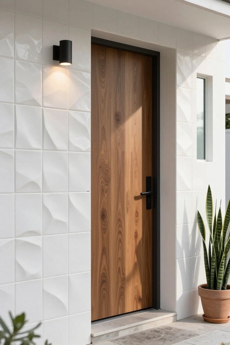 Modern house entry with wavy textured white tiles on the wall, walnut wood door in black frame, black cylindrical wall light, and potted snake plant beside concrete steps.