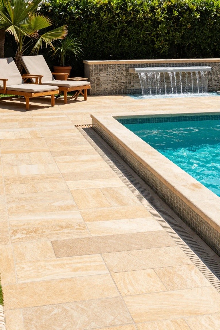Beige rectangular travertine-style tiles forming a pool deck edge next to turquoise pool water, with wooden lounge chairs, potted plants, a mosaic waterfall feature, and green hedges in the background.