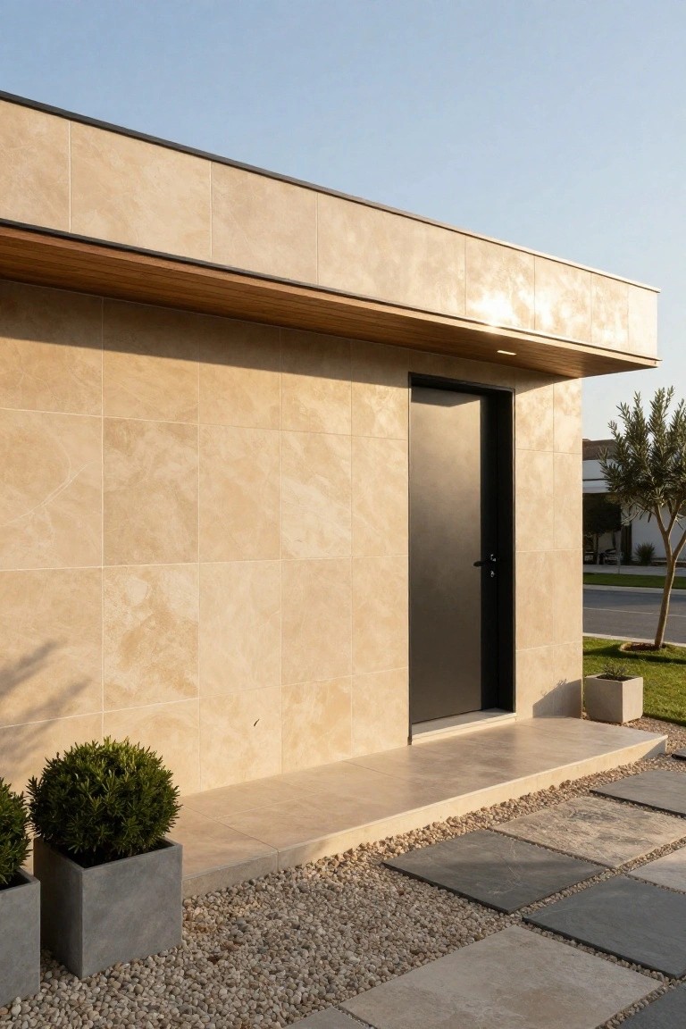Modern house exterior featuring beige travertine tiled walls, black entry door under a wooden overhang, two boxwood shrubs in gray pots, and a pathway of pebbles and mixed tiles leading to the entrance.