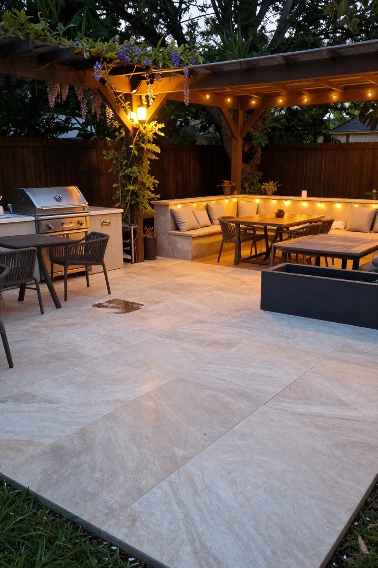 Backyard patio at dusk with light beige veined travertine-style tiles, wooden pergola draped in vines and string lights, built-in bench seating, outdoor grill, dining table, and chairs.