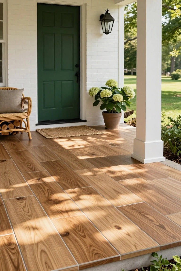 White brick house exterior with green front door on a porch featuring long wood-grain porcelain tile flooring, potted white hydrangea, wicker armchair with cushion, lantern light, and seagrass welcome mat.