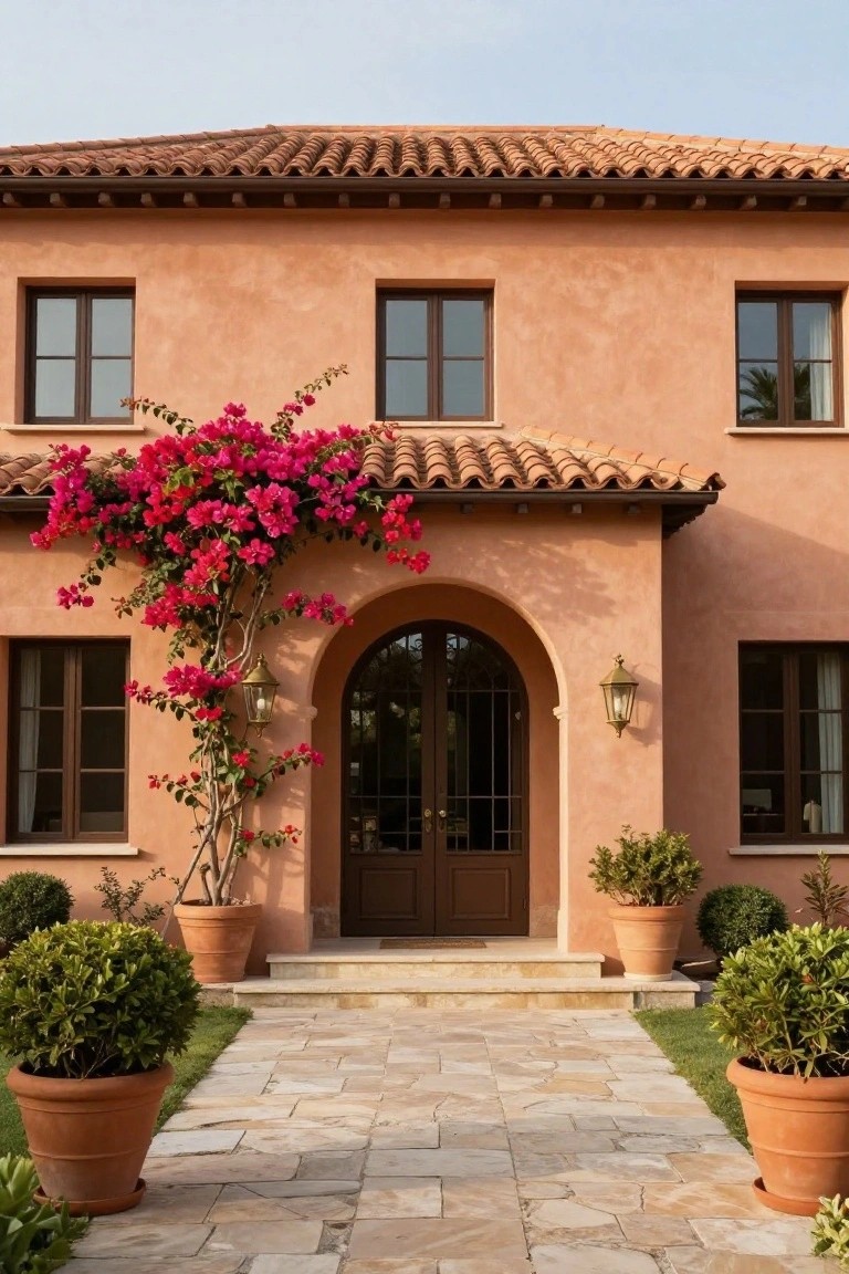 Peach stucco house facade with terracotta tile roof, double arched wooden front doors, pink bougainvillea vines climbing the archway, lantern light fixture, potted plants, and stone pathway leading to the entrance.