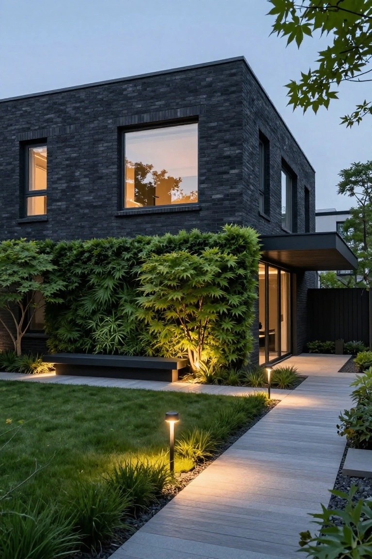 Modern black brick house exterior featuring a vertical wall of lush green ferns, large glass windows and sliding doors under a dark overhang, wooden pathway with bollard lights, bench, and surrounding lawn and plants.