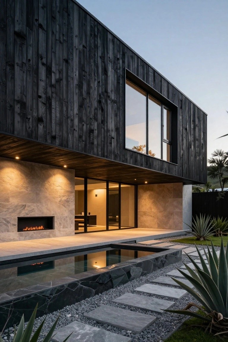 Rear exterior of a modern house clad in black vertical wood boards, featuring large glass windows, a cantilevered upper level, stone terrace with fire pit, infinity-edge pool, stepping stone path, and agave plants in gravel beds at dusk.