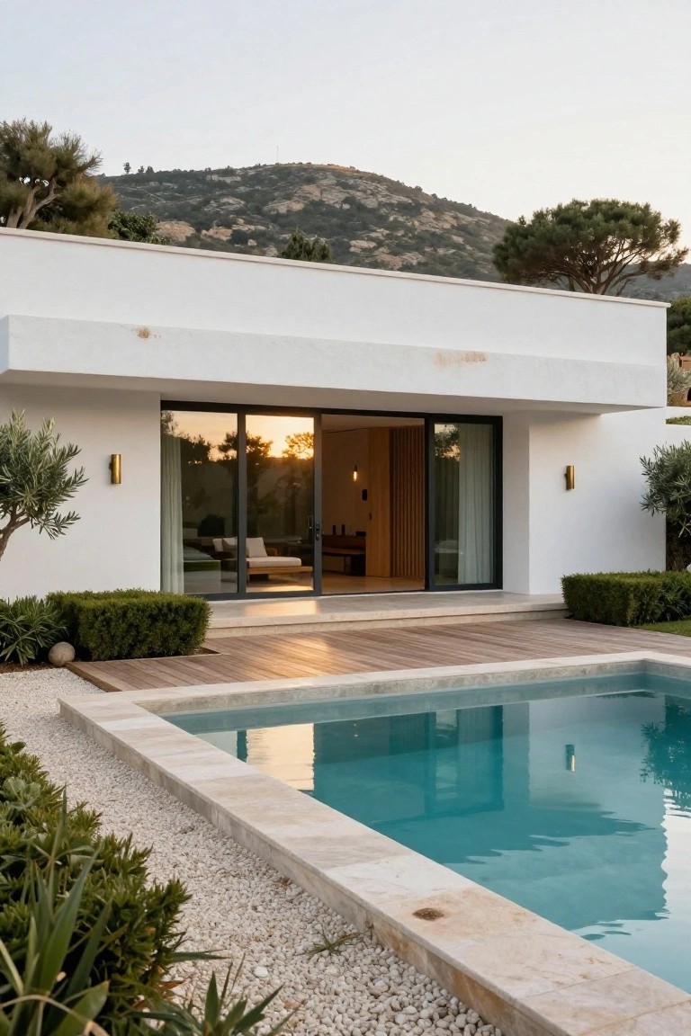 White minimalist villa exterior with large black sliding glass doors open to a light wood deck and turquoise rectangular pool with stone coping, surrounded by olive trees, boxwood shrubs, agave plants, and white pebble ground cover against a rocky hillside with pines at sunset.
