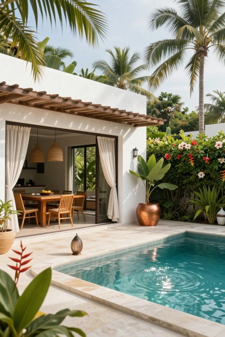 White modern villa exterior with open sliding glass doors and white curtains revealing indoor wooden dining table and chairs, adjacent to small rectangular turquoise pool on light stone terrace surrounded by potted plants, tropical greenery, and palm trees.