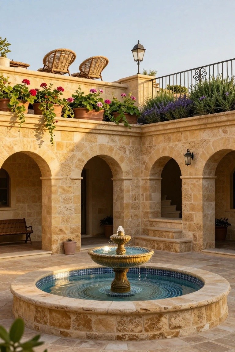 Beige stone courtyard with arched doorways, a central circular fountain with blue mosaic tiles and splashing water, potted flowers and plants along the edges, a wooden bench, and rattan chairs on an upper balcony.