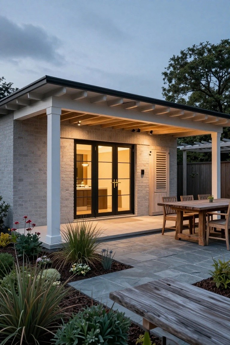 Light gray brick structure with large black-framed glass double doors opening from interior kitchen to covered porch with exposed wooden beams, recessed lights, wooden dining table with chairs on gray stone pavers, surrounded by plants and trees at dusk.