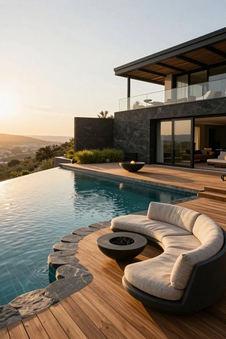 Infinity-edge turquoise pool with rock edging on a wooden deck, curved beige outdoor sofa around a black fire pit table, modern house with black stone walls and glass doors in background, overlooking hills at sunset.