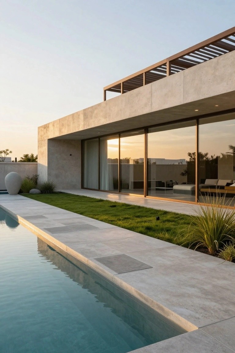 Modern villa exterior with textured beige concrete walls, large floor-to-ceiling bronze-framed glass doors, wooden pergola rooftop, infinity-edge pool with turquoise water, narrow grass strip, and sparse desert plants at sunset.
