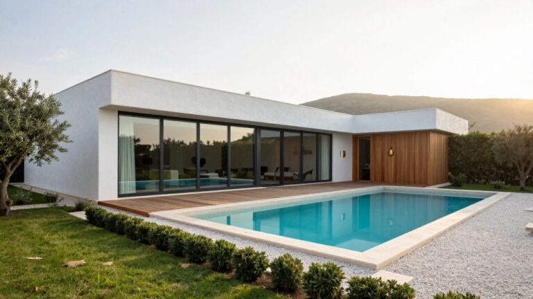 16 Modern House Exterior Villa Designs That Feel Luxurious White minimalist villa exterior with large black sliding glass doors open to a light wood deck and turquoise rectangular pool with stone coping, surrounded by olive trees, boxwood shrubs, agave plants, and white pebble ground cover against a rocky hillside with pines at sunset.