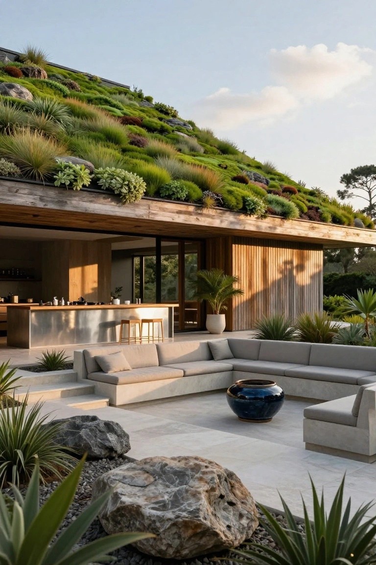 Modern villa exterior with a sloped living green roof covered in grasses, plants, and rocks, wooden siding, open kitchen bar transitioning to a stone terrace with L-shaped gray sofa, stools, large blue pot, agaves, and boulders.