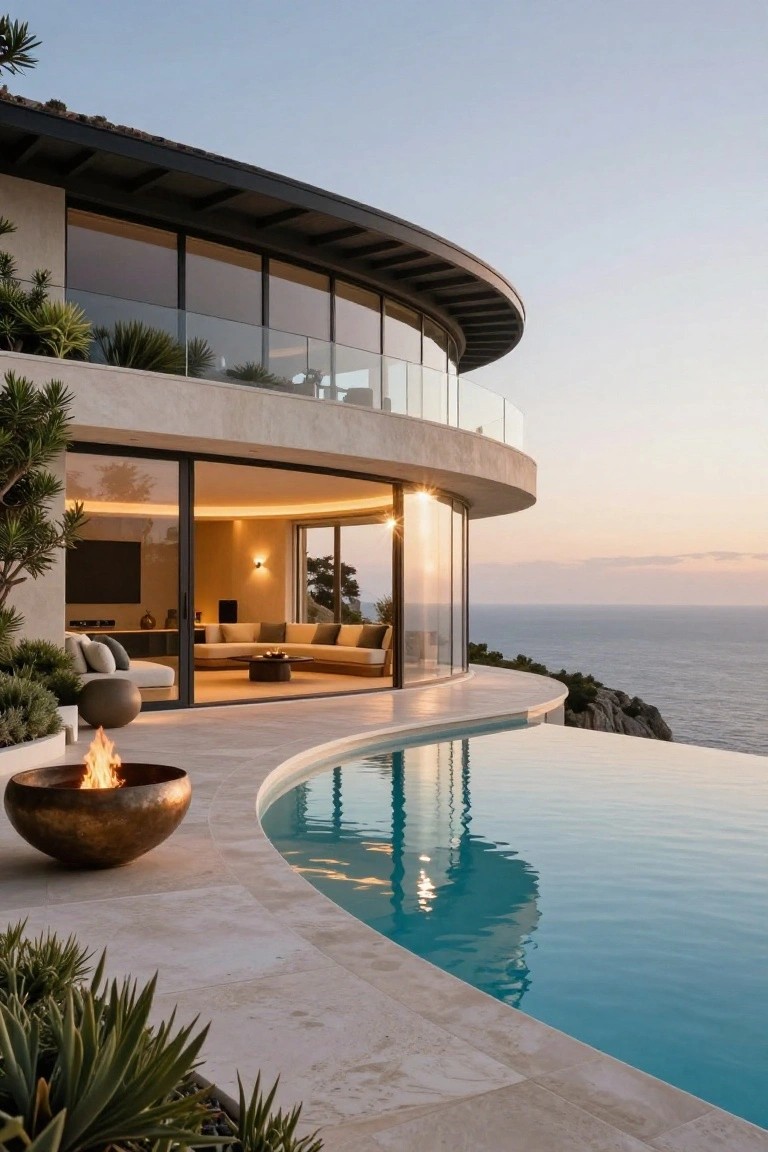 Curved modern white villa on a cliff with turquoise infinity-edge pool, bronze fire bowl on travertine terrace, glass walls opening to ocean, agave plants, at sunset.